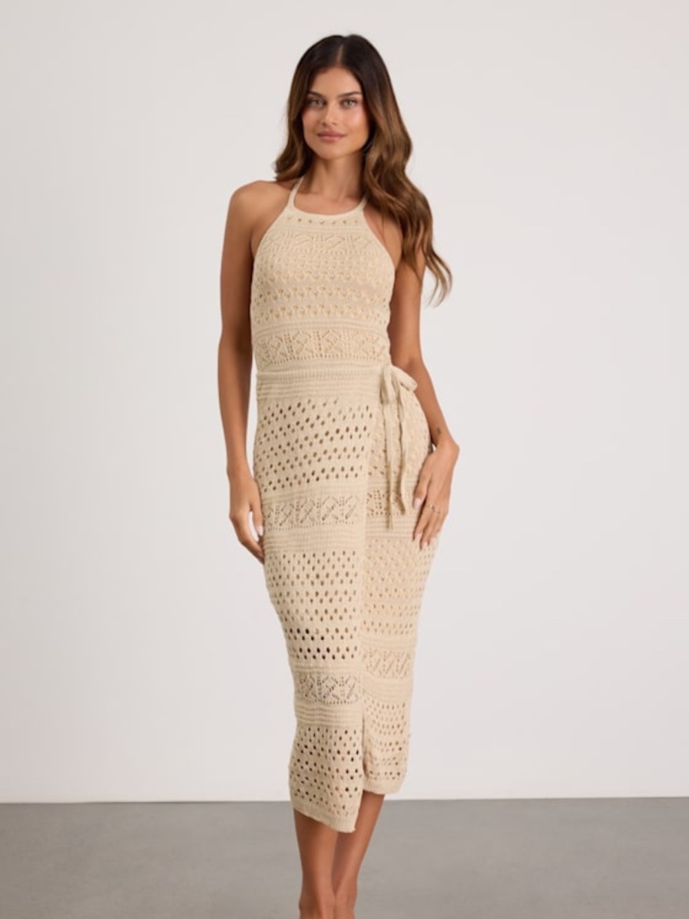 Lulus Blissful Strolls Beige Crochet Faux-wrap Halter Midi Dress - Size XL